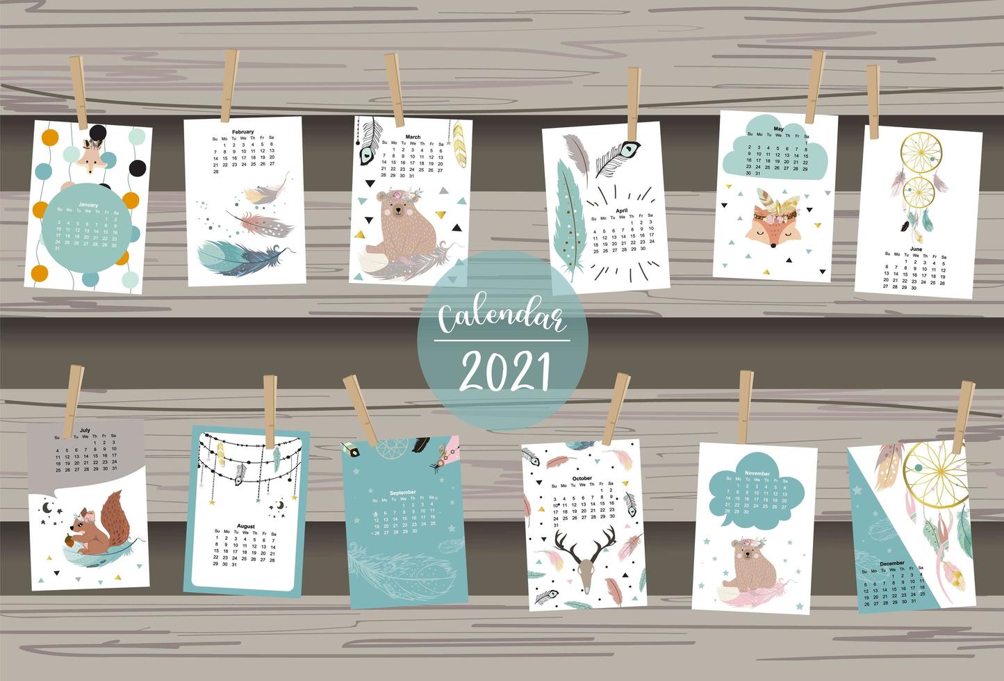 Cute animal calendar 2021 with bear vector