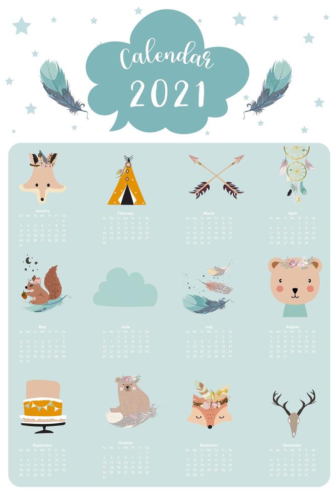 Cute animal calendar 2021 with bear, feather, dreamcatcher for children, kid, baby.Can be used for printable graphic vector