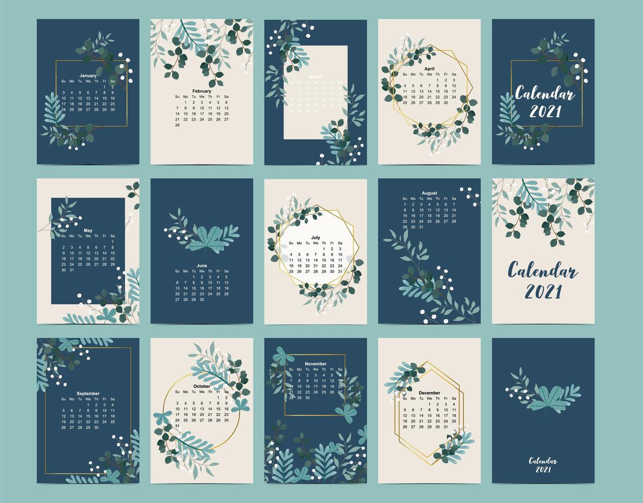 Cute calendar 2021 with leaf, flower, natural.Can be used for printable graphic vector