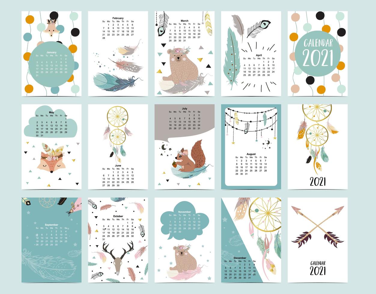 Cute animal calendar 2021 with bear, feather, dreamcatcher for children, kid, baby.Can be used for printable graphic vector