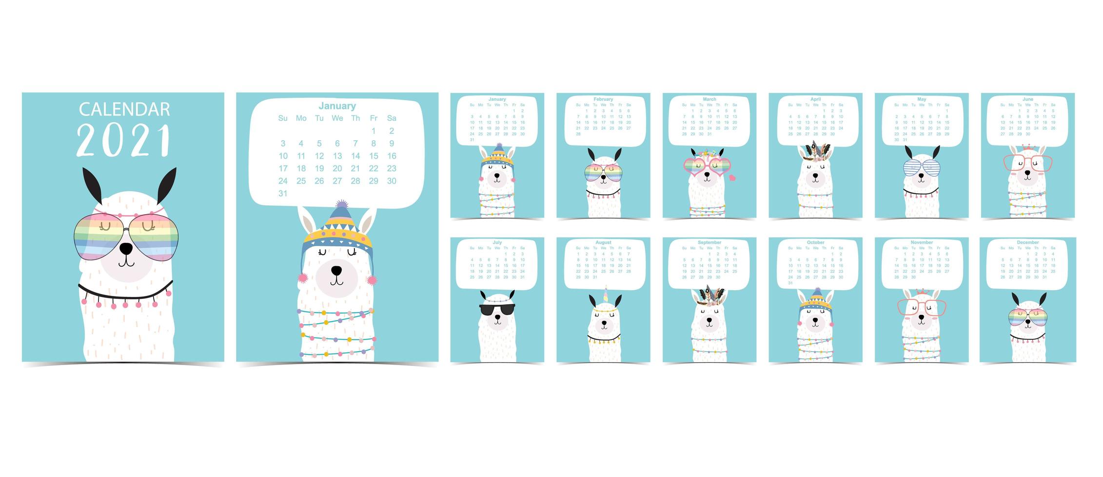 Doodle pastel calendar set 2021 with llama vector