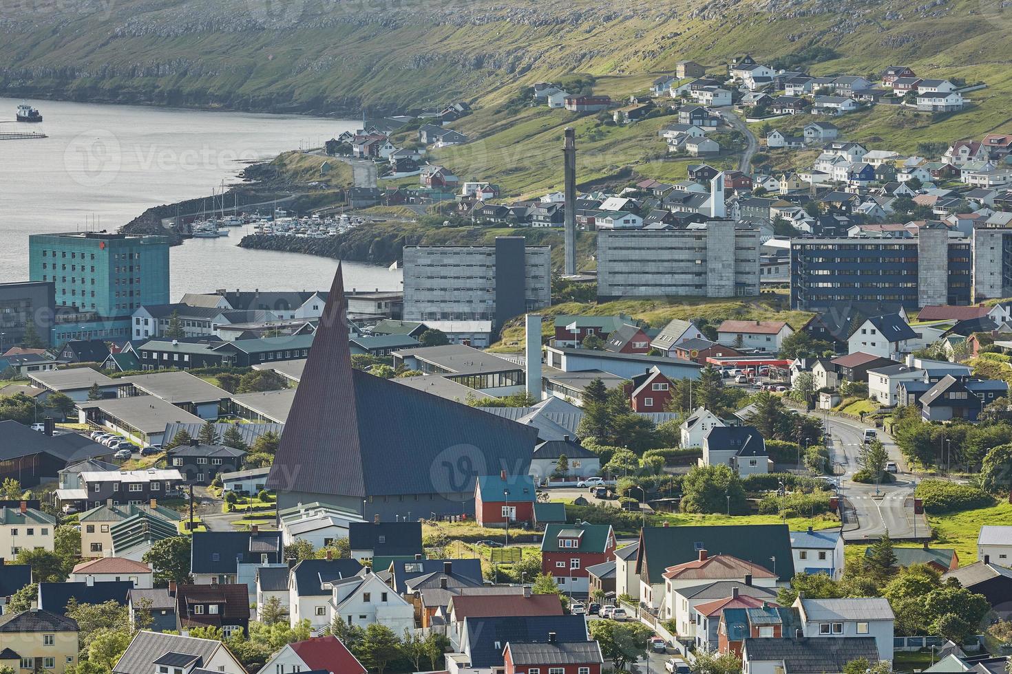 Torshawn Capital of Faroe Islands with its downtown area and port in bay photo