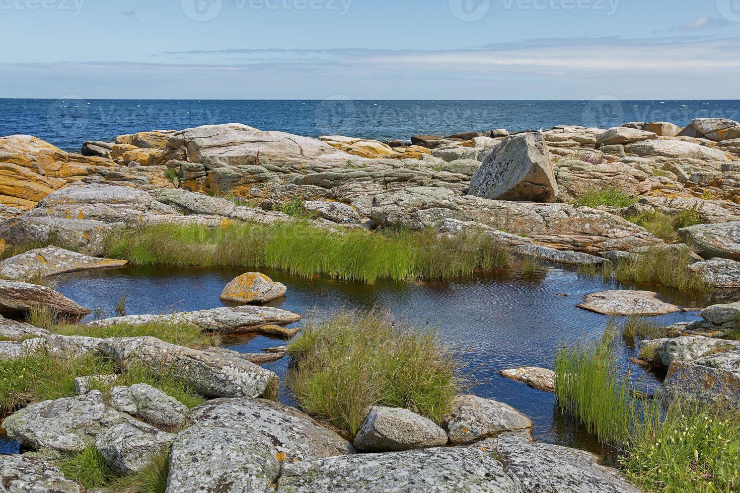 Coast line of Baltic Sea near the village of Svaneke on Island Bornholm in Denmark photo