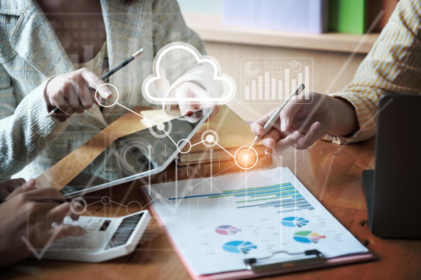 Group of businessmen and accountants checking data documents on a digital tablet for investigation of corruption accounts. Anti-bribery concept photo