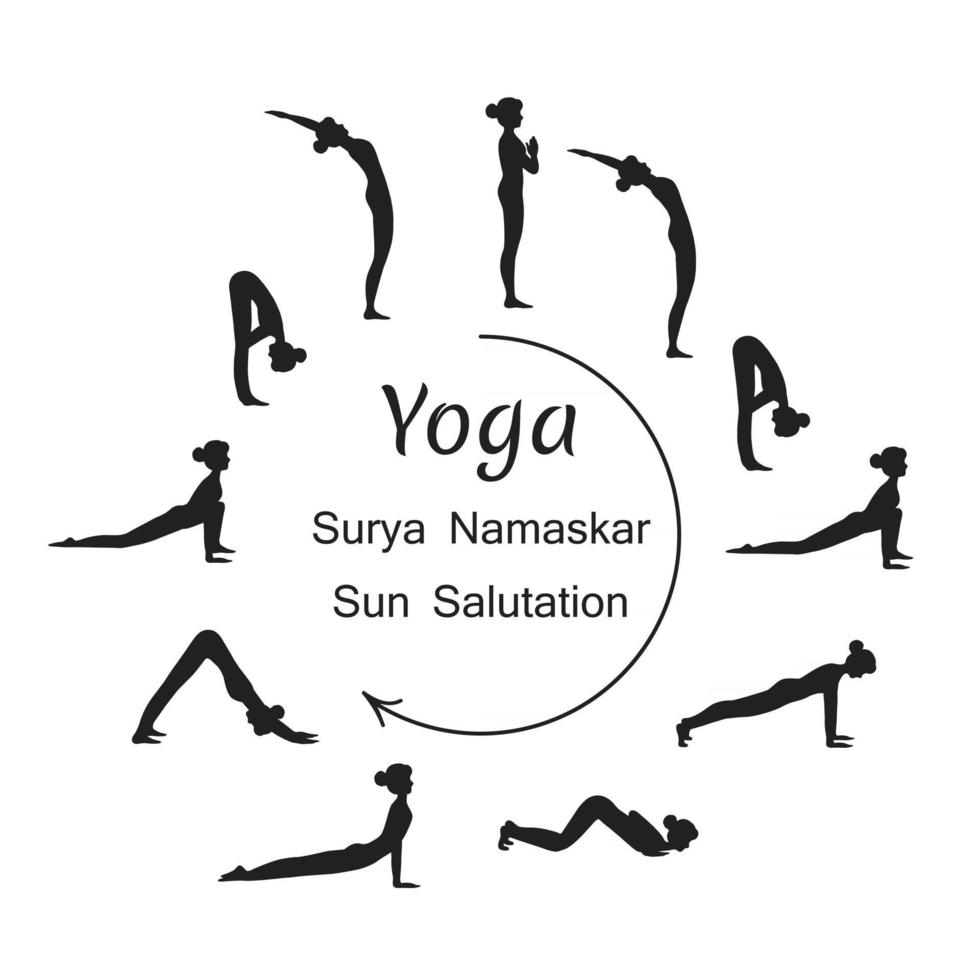 surya namaskar un saludo al sol yoga asanas secuencia conjunto ilustración vectorial vector