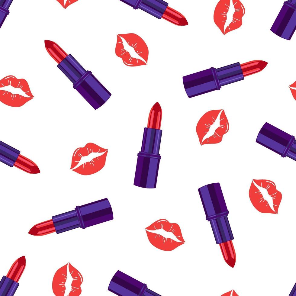 Glamorous fashion pattern with lipstick and kisses.Cosmetic seamless pattern. Design for the beauty industry, advertising, Valentine s Day. Vector illustration