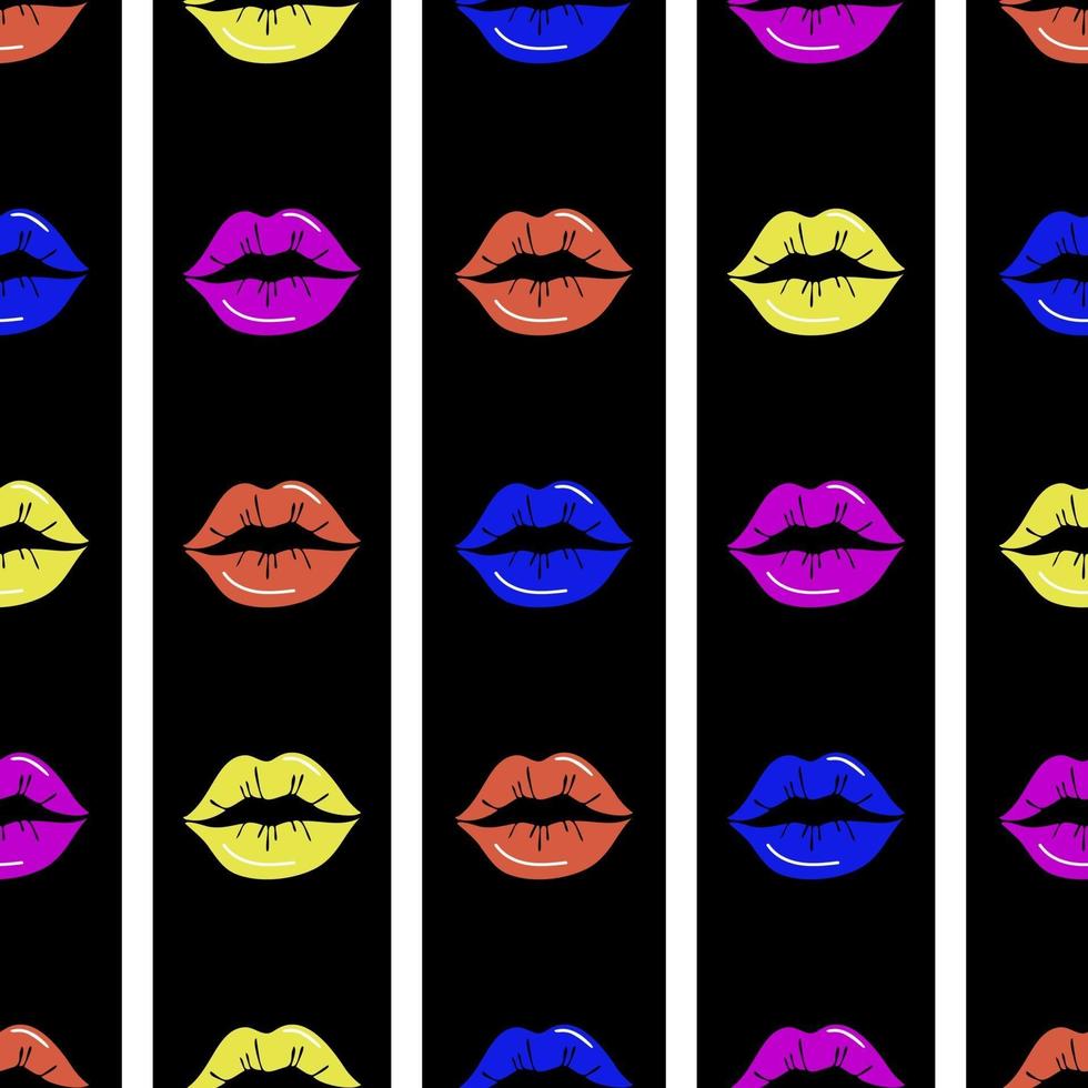 Lips seamless pattern. Red lips on a black and white striped background. Design for printing, textiles, wrappers, Valentines Day.Vector illustration vector