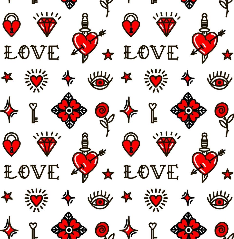 Valentines Day in old school style seamless pattern. Vector illustration. Design For Valentines Day, Stilts, Wrapping Paper, Packaging, Textiles