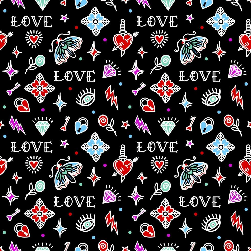 Old school tattoo seamless pattern with love symbols. Vector illustration. Design For Valentines Day, Stilts, Wrapping Paper, Packaging, Textiles