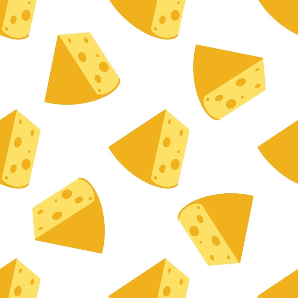 Cheese seamless pattern. Pieces of yellow cheese, isolated on a white background. Pieces of cheese of various shapes. Vector flat illustration