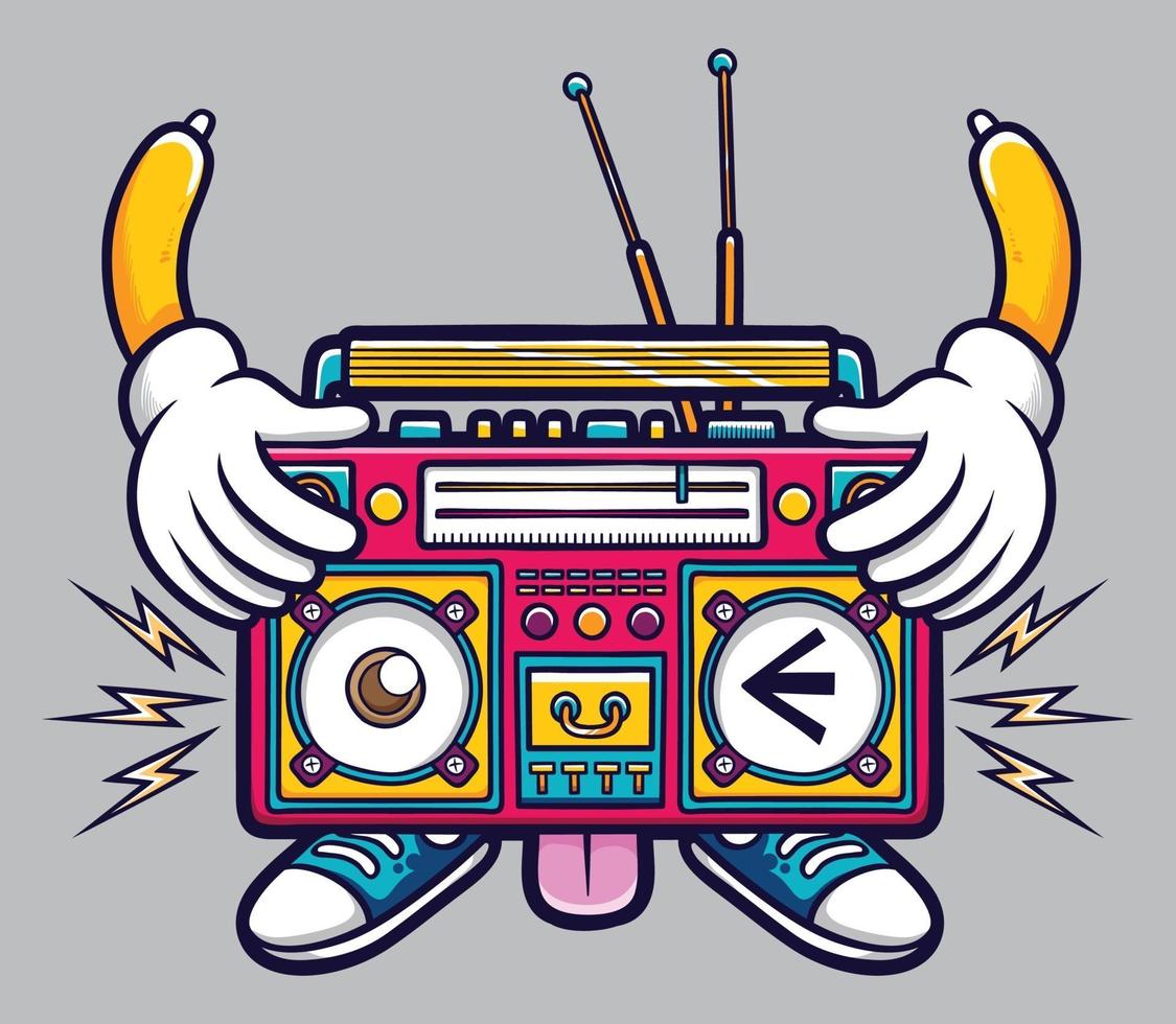 Lindo personaje de grabadora de cinta de cassette retro ilustración aislada con fondo gris vector