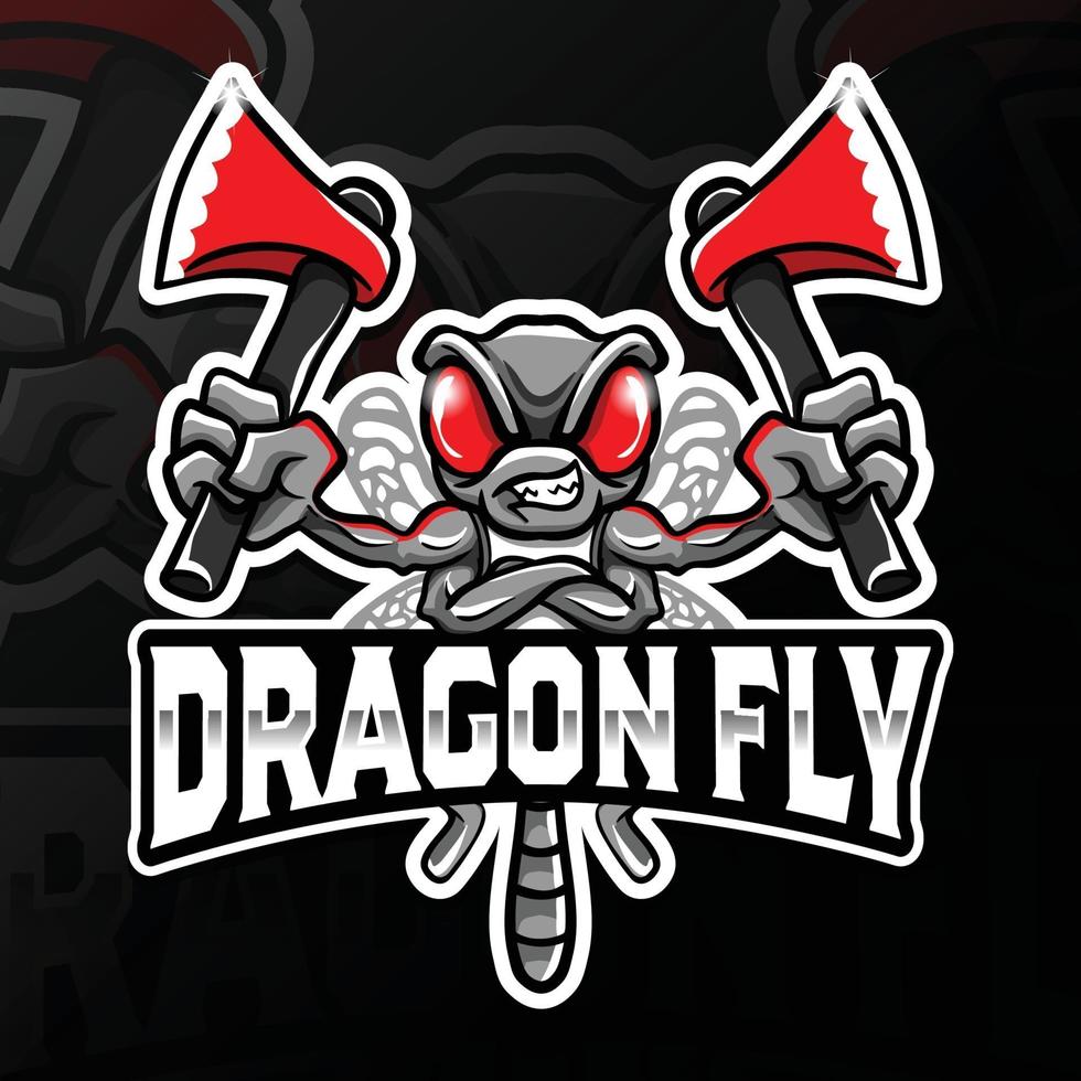 angry dragon fly holding axes esport logo illustration vector