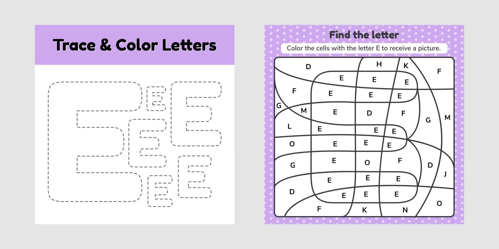 Coloring book letter for kids Worksheet for preschool kindergarten and school age Trace line Write and color E vector