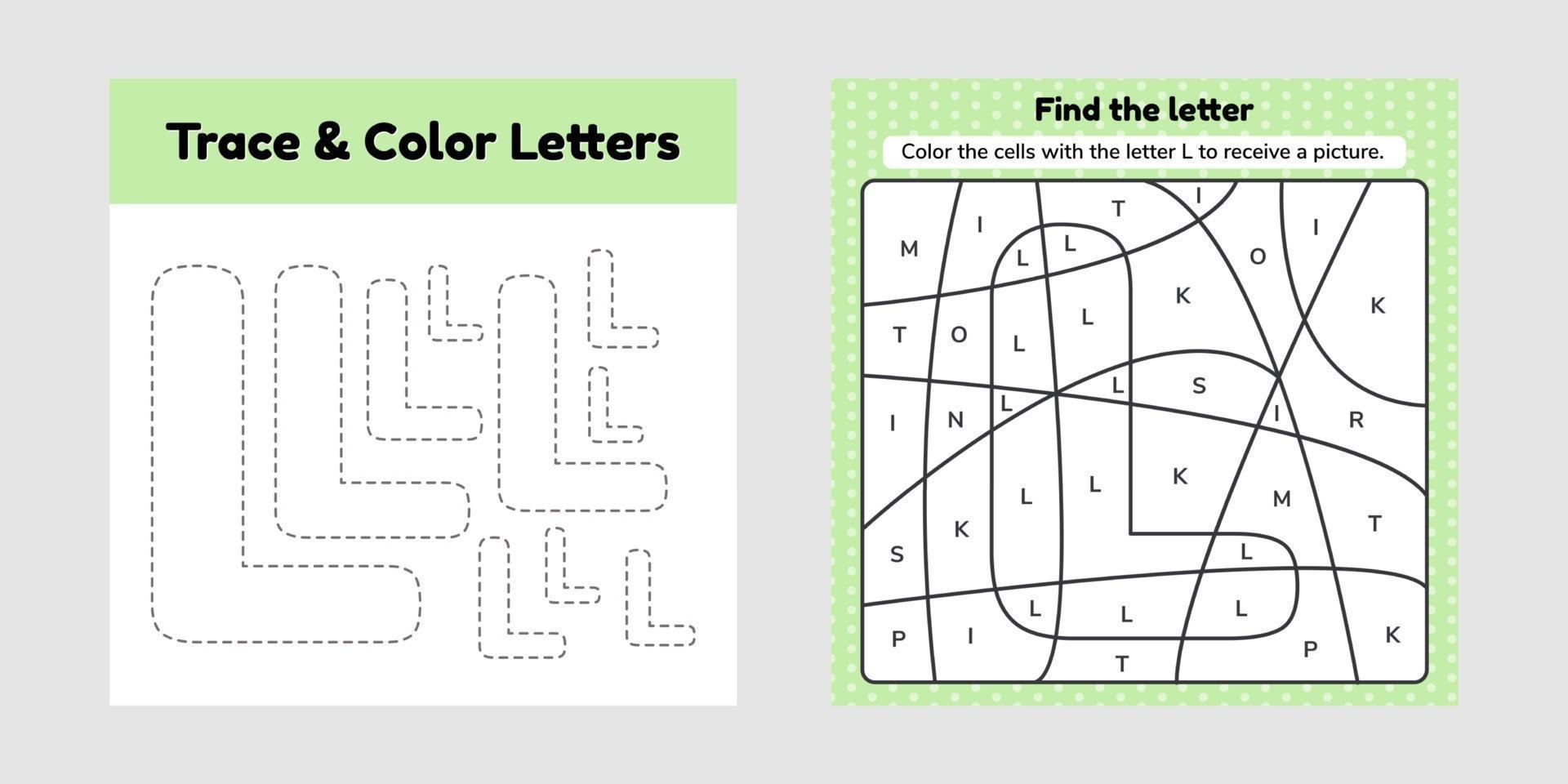 Coloring book letter for kids Worksheet for preschool kindergarten and school age Trace line Write and color L vector