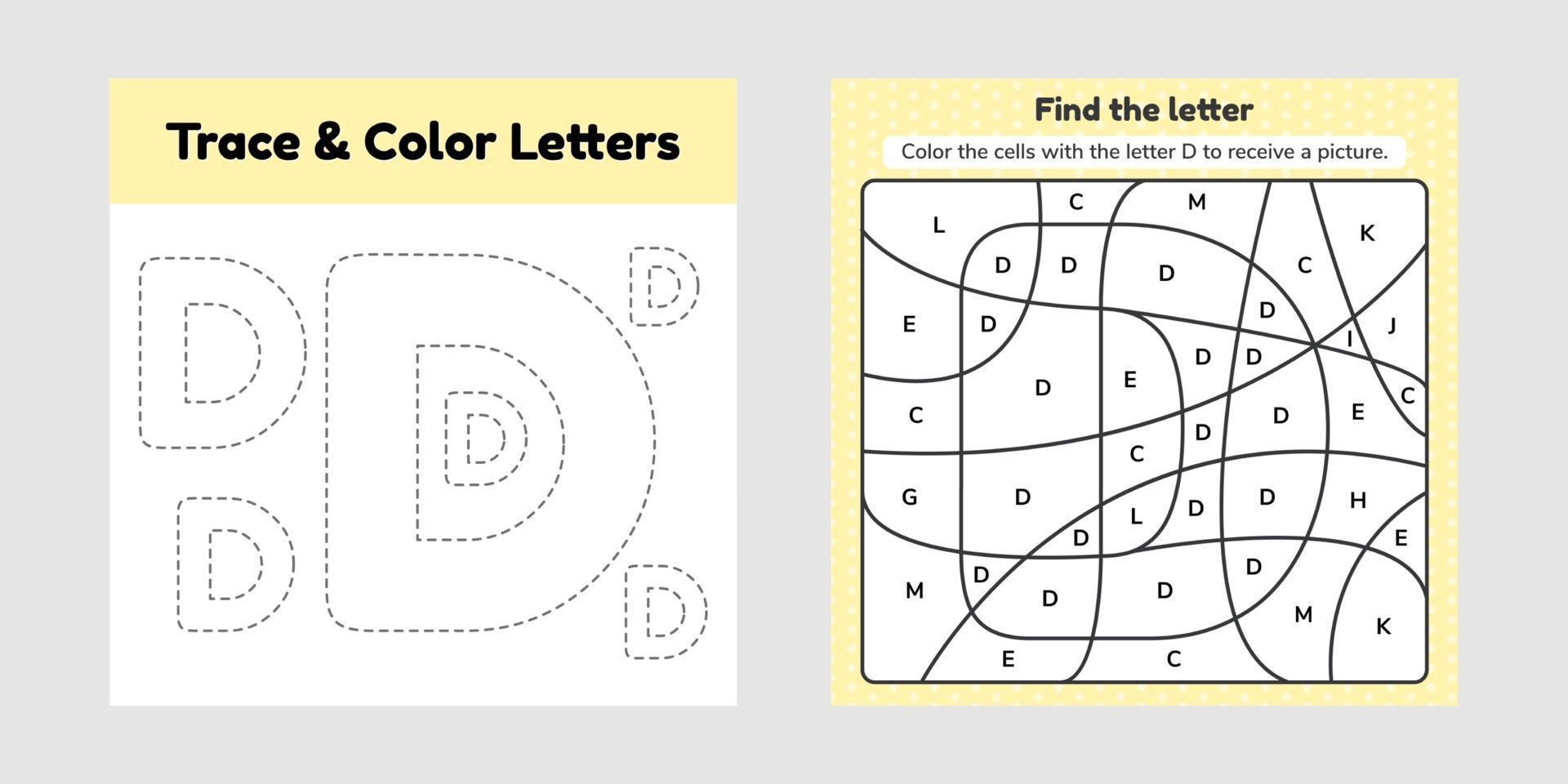 Coloring book letter for kids Worksheet for preschool kindergarten and school age Trace line Write and color D vector