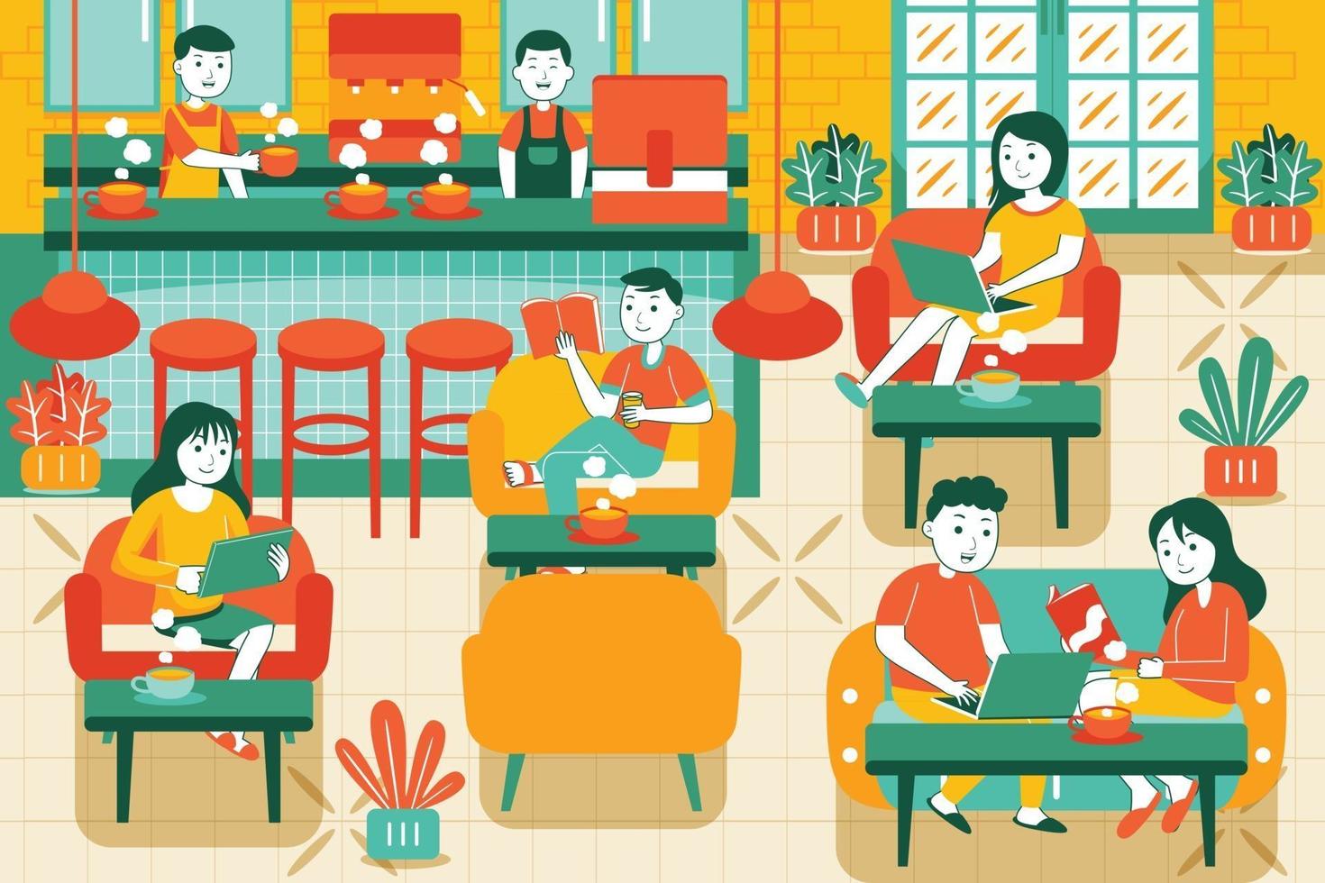 People in Cozy Cafe Vector Illustration in Flat Design Style