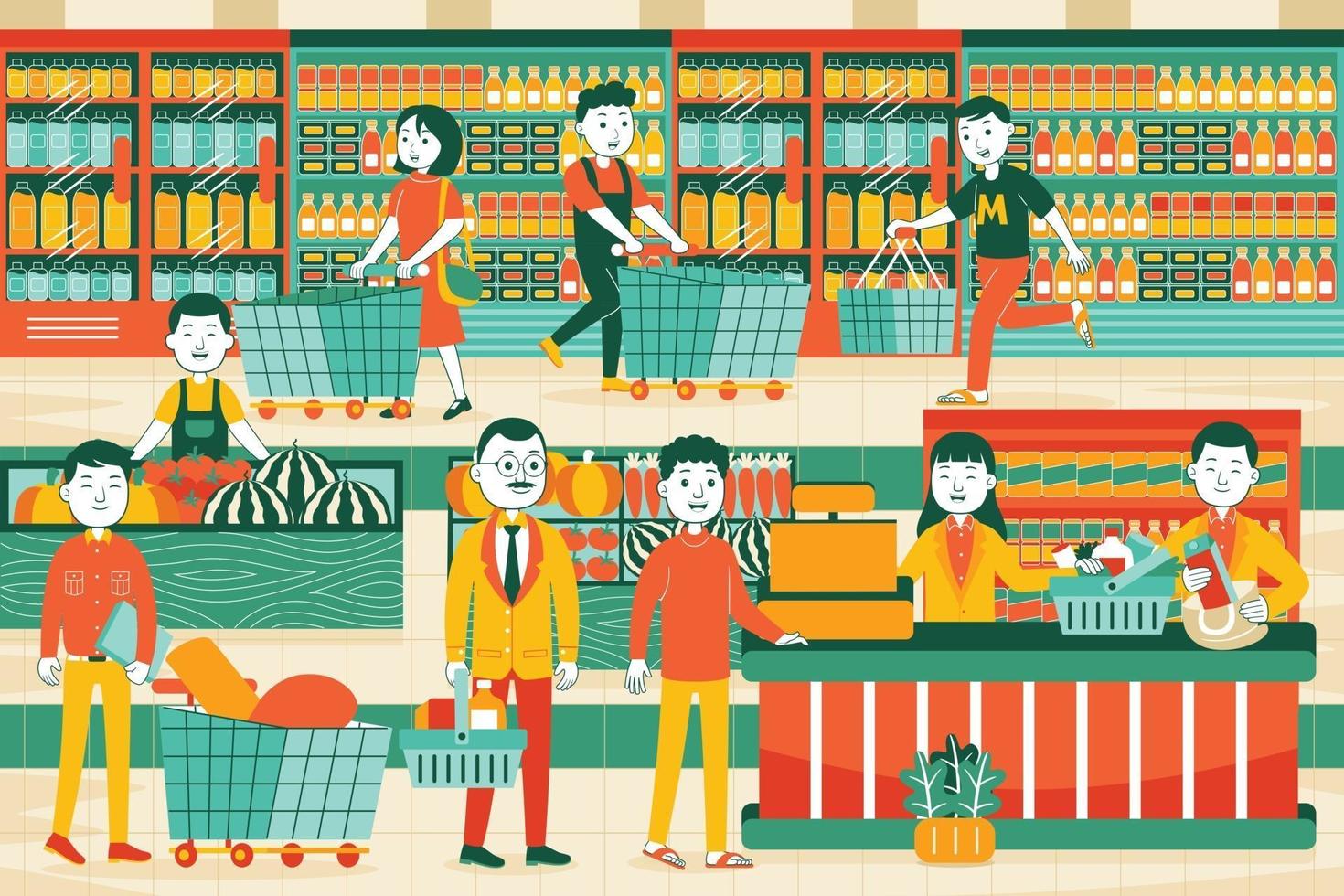 Ilustración de vector de supermercado en estilo de diseño plano