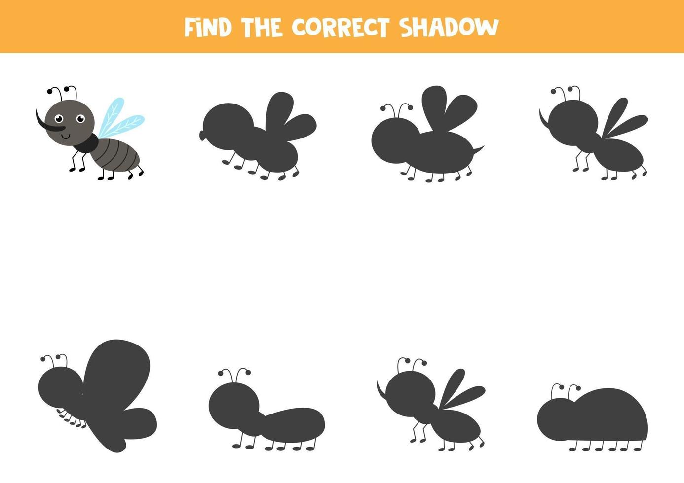 Find the correct shadow of cute gnat. Logical puzzle for kids vector