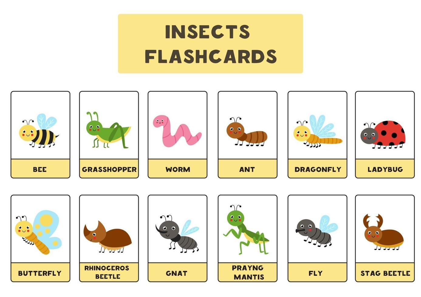 Cute insects with names. Flash cards for children vector