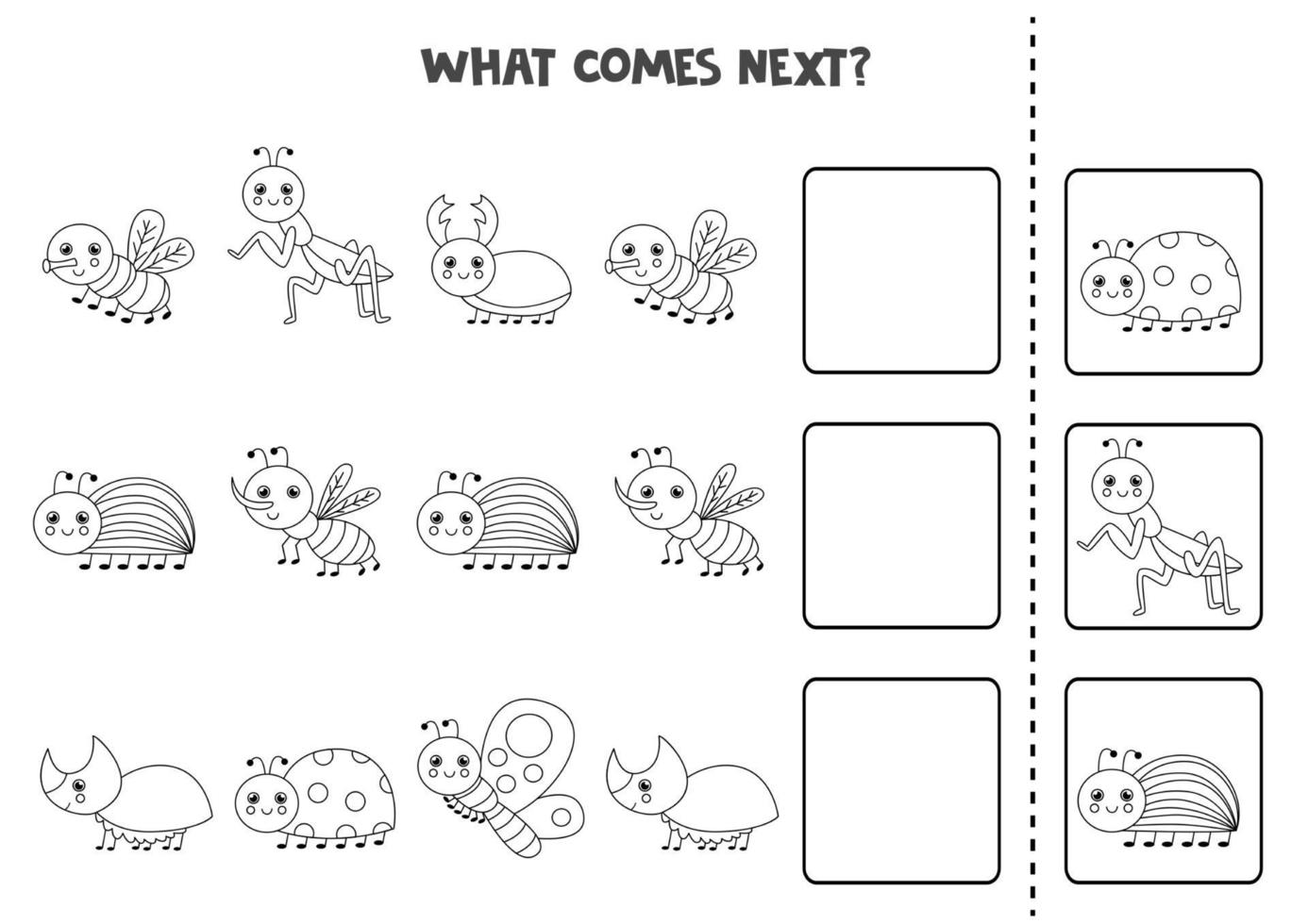 What comes next game with cute black and white insects vector