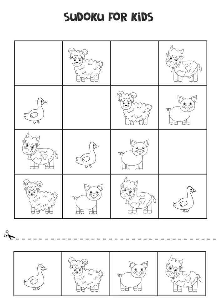 juego de sudoku para niños con lindos animales de granja en blanco y negro vector