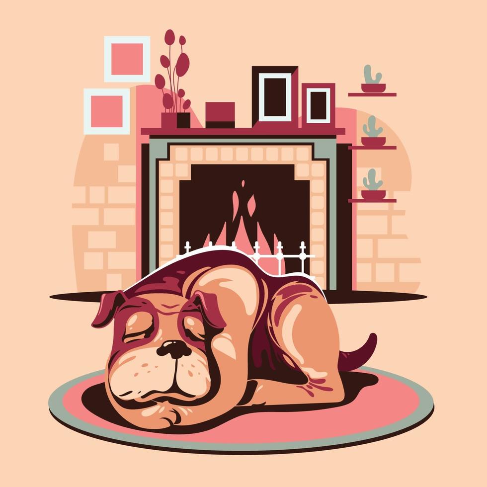 perro mascota durmiendo junto a la chimenea vector