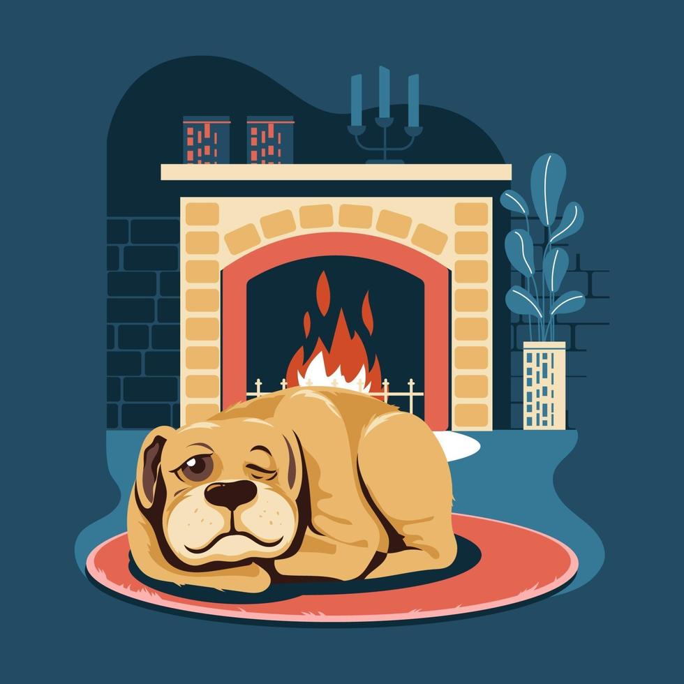 perro mascota durmiendo junto a la chimenea vector