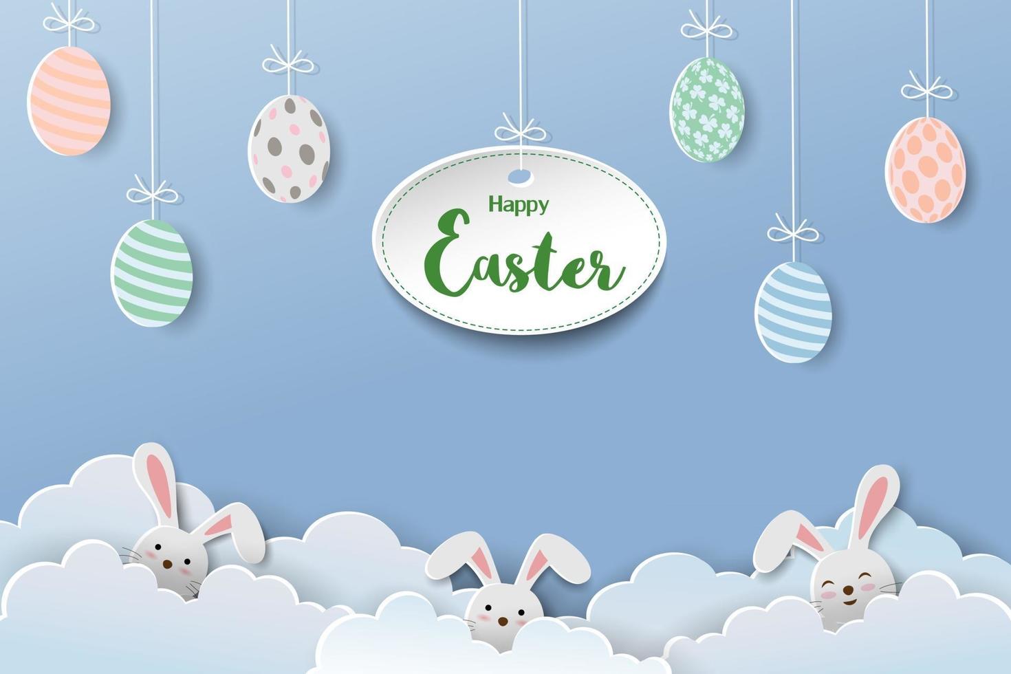 Happy Easter concept with paper art easter eggs and rabbits on blue sky background vector