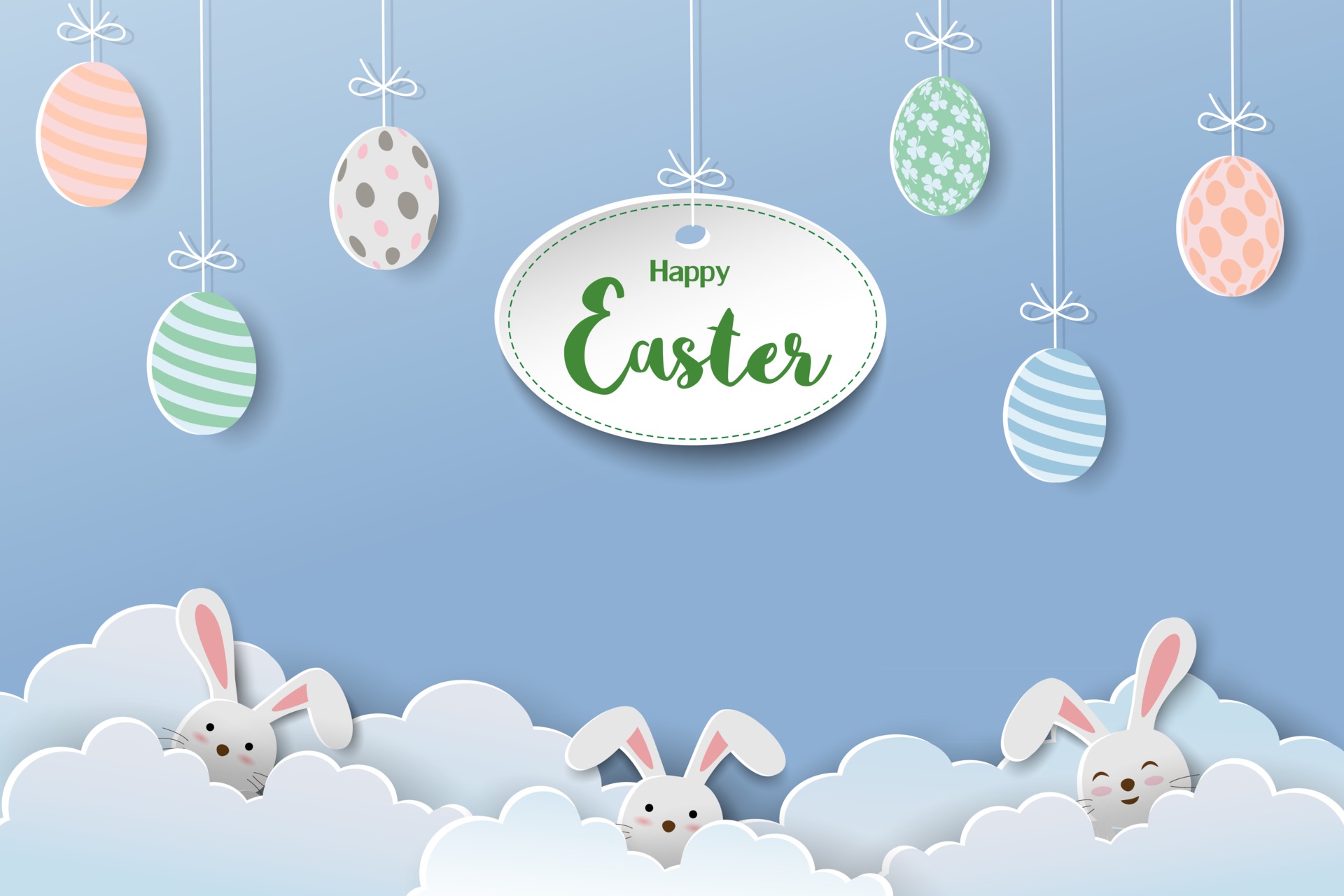 Happy Easter concept with paper art easter eggs and rabbits on blue sky