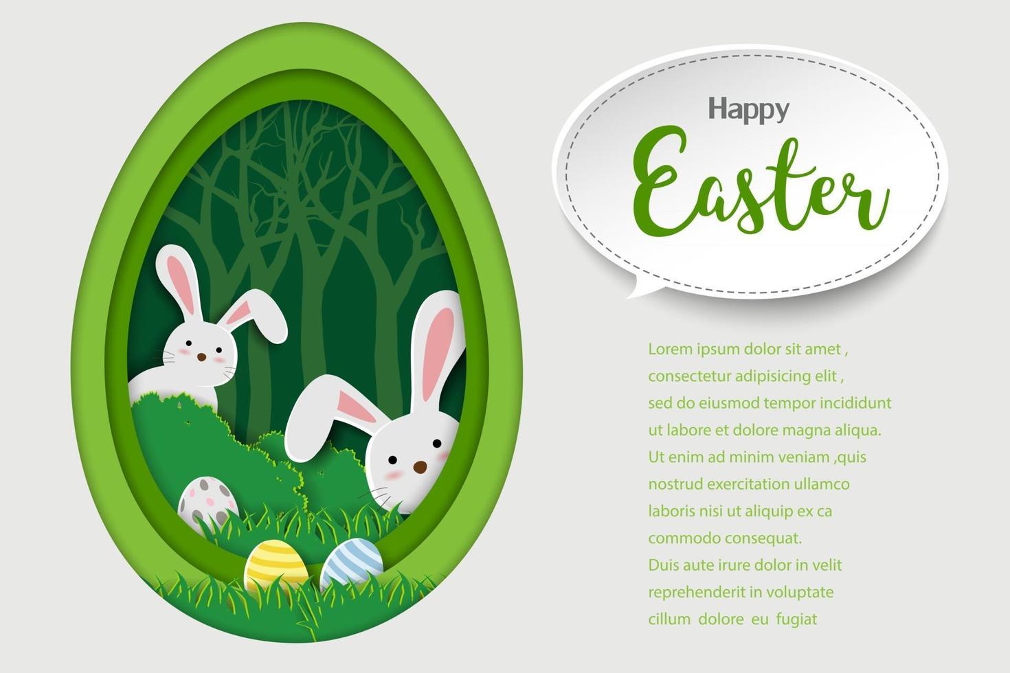 Fondo de Pascua feliz con arte de papel de conejitos y huevos de Pascua en el bosque de primavera vector