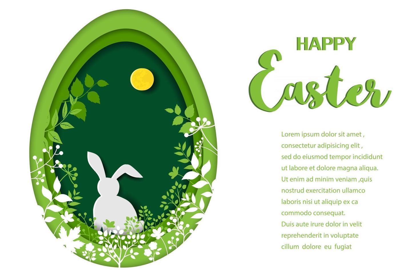 Diseño de arte de papel de tarjeta de felicitación de pascua feliz con conejito en bosque de primavera vector