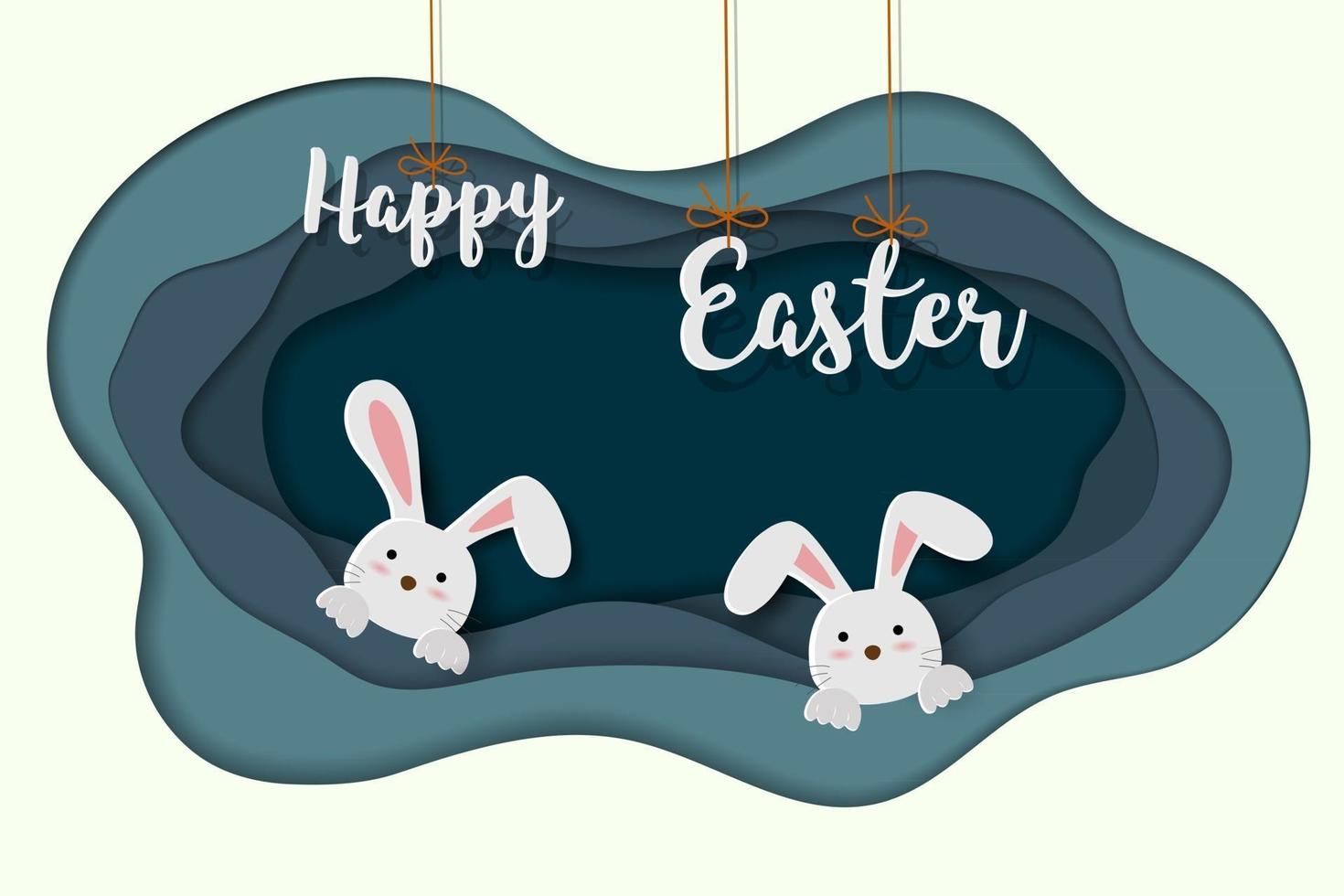 Happy Easter greeting card in paper cut and craft style with happy rabbits in underground house vector