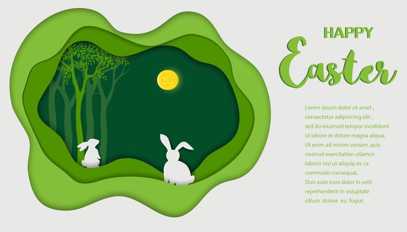 Happy Easter background paper art landscape with hares on spring forest vector