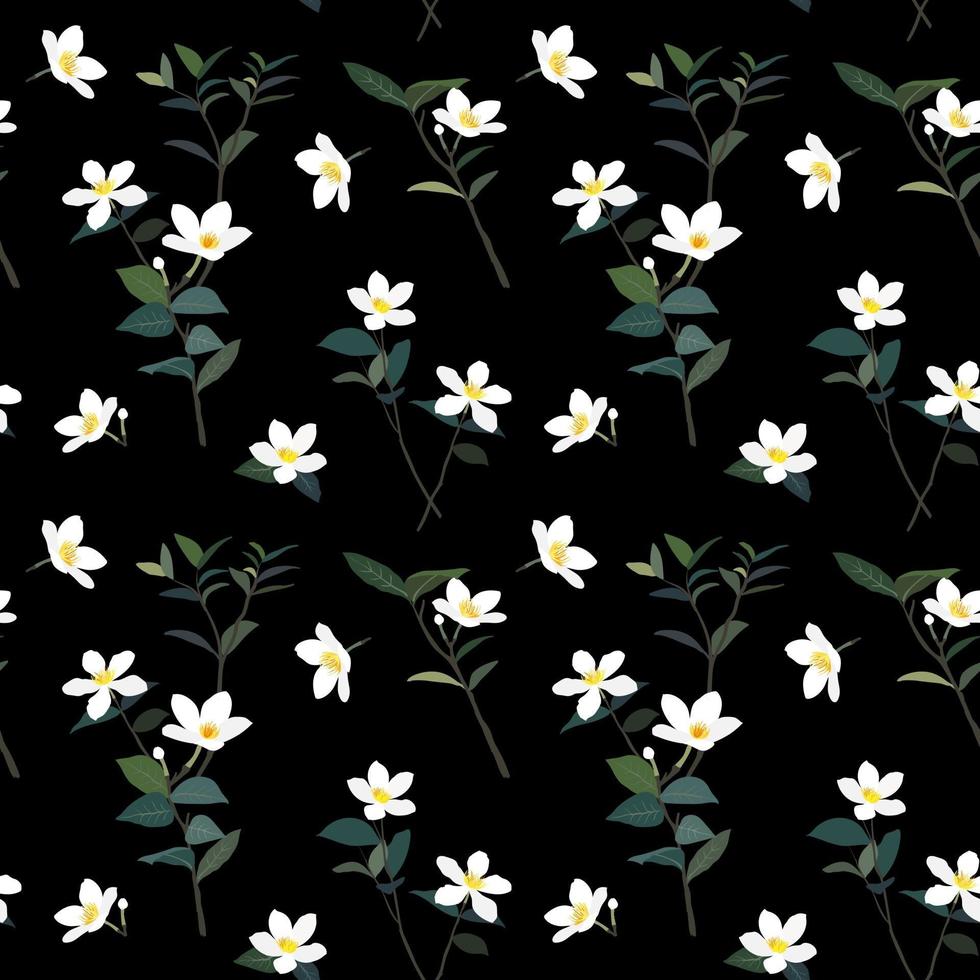 Cute white little flower and leaves on dark summer night seamless pattern, for fashion fabric textile print or wallpaper vector