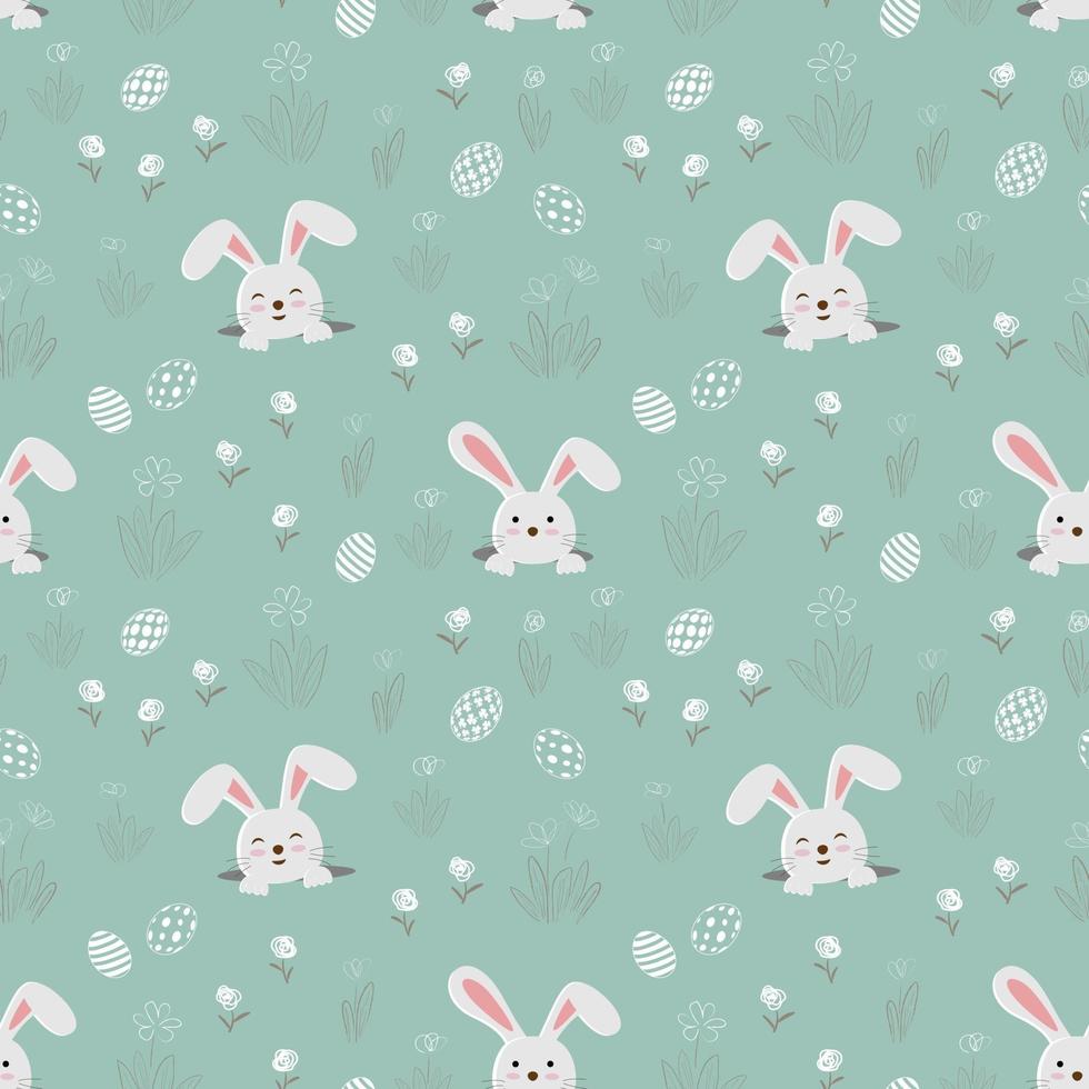 Easter seamless pattern with cute bunnies on green background vector
