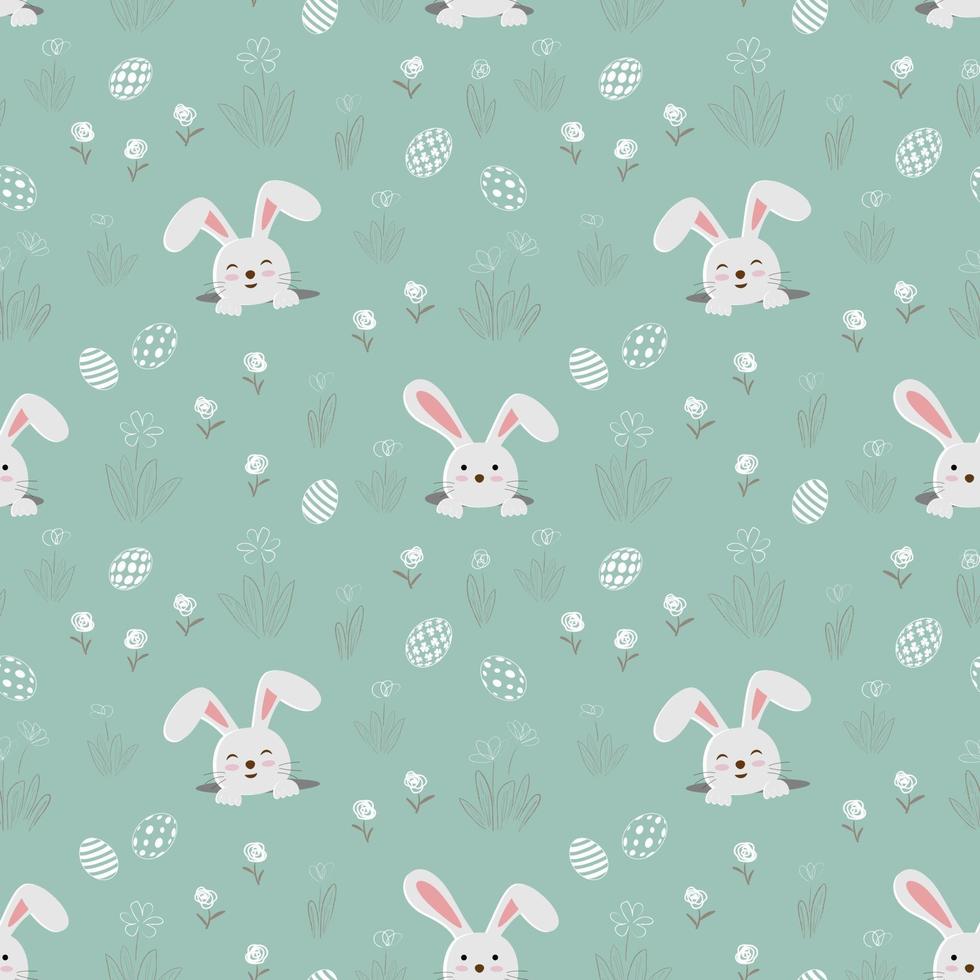 Easter seamless pattern with cute bunnies on green background vector