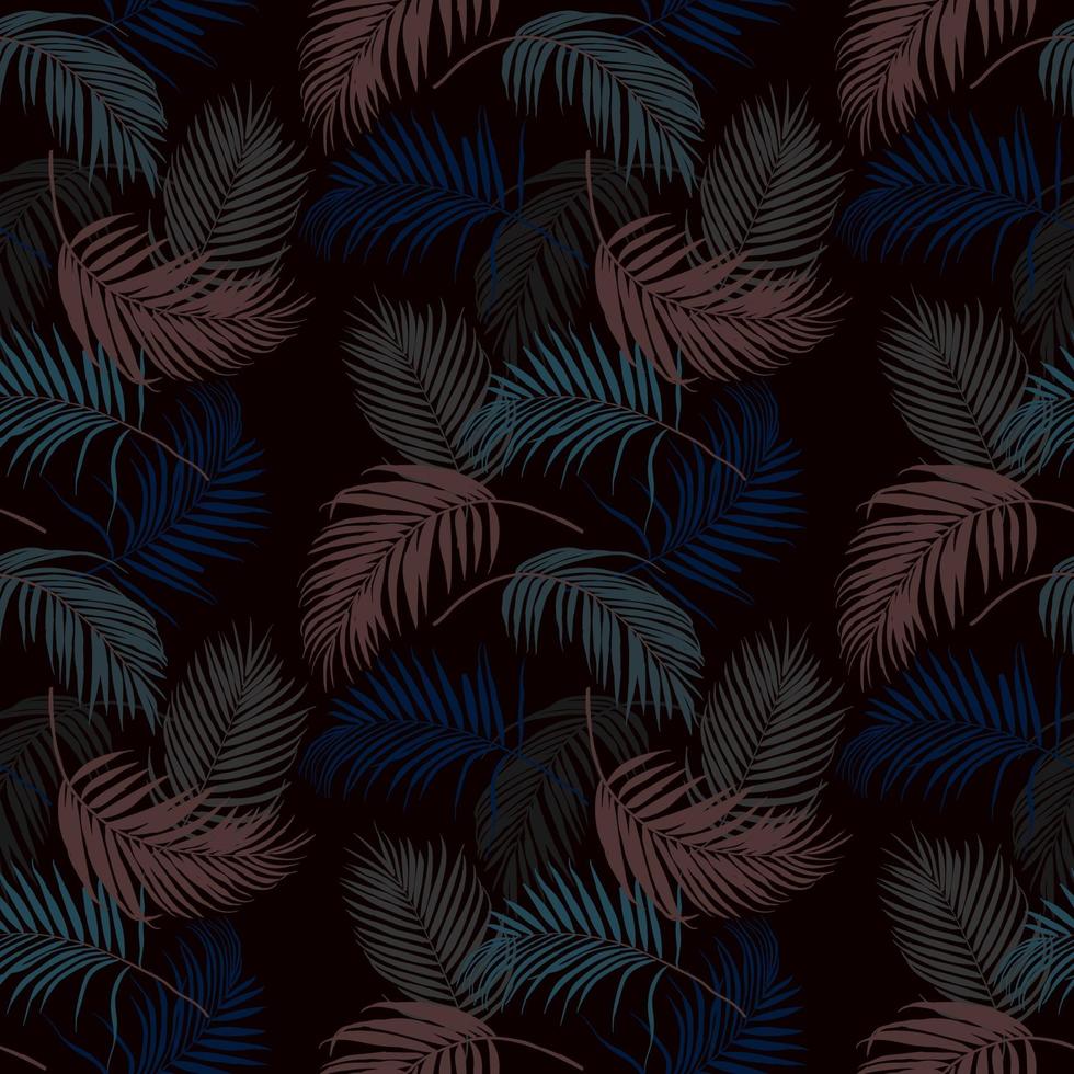 Colorful tropical leaves on dark summer night seamless pattern vector