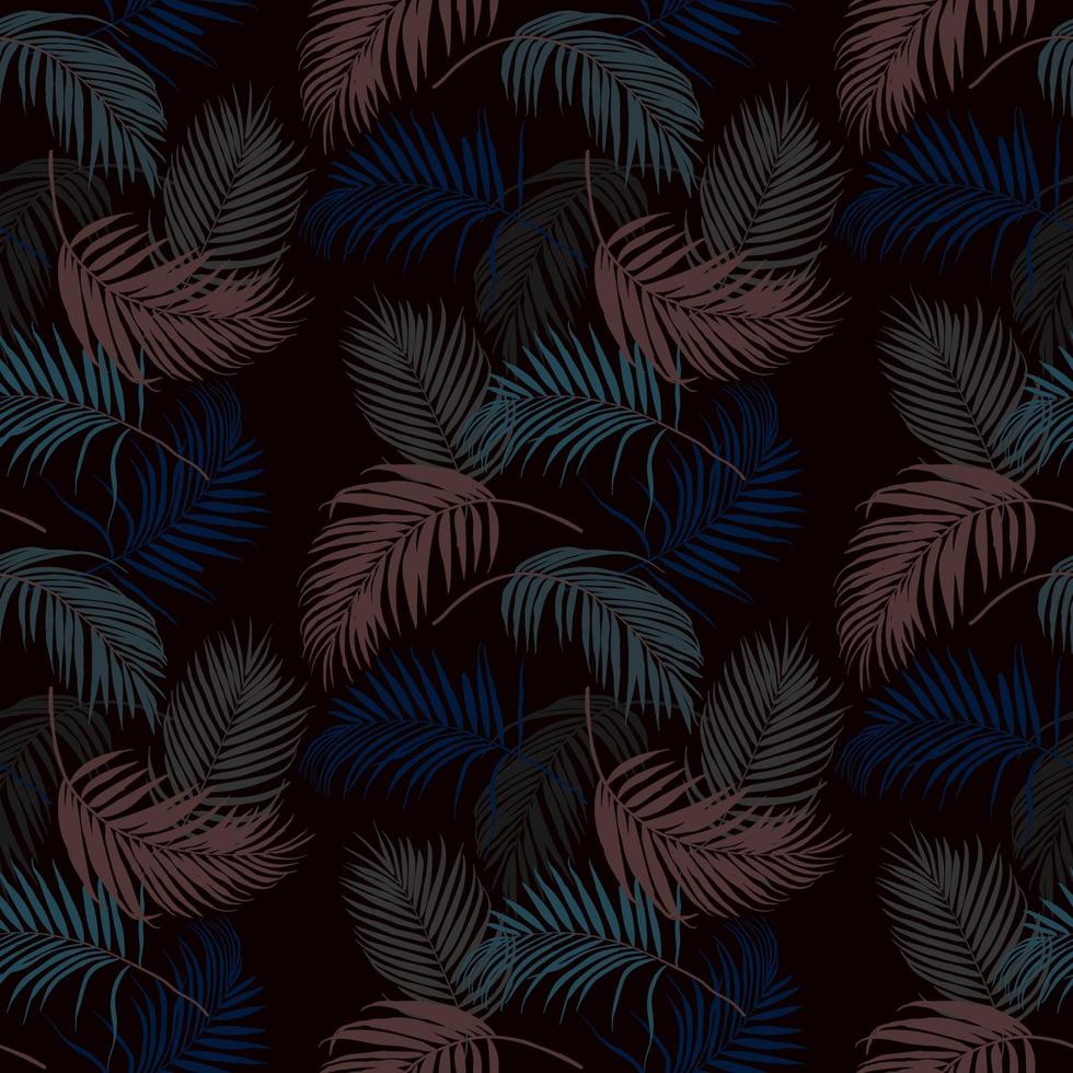 Colorful tropical leaves on dark summer night seamless pattern vector
