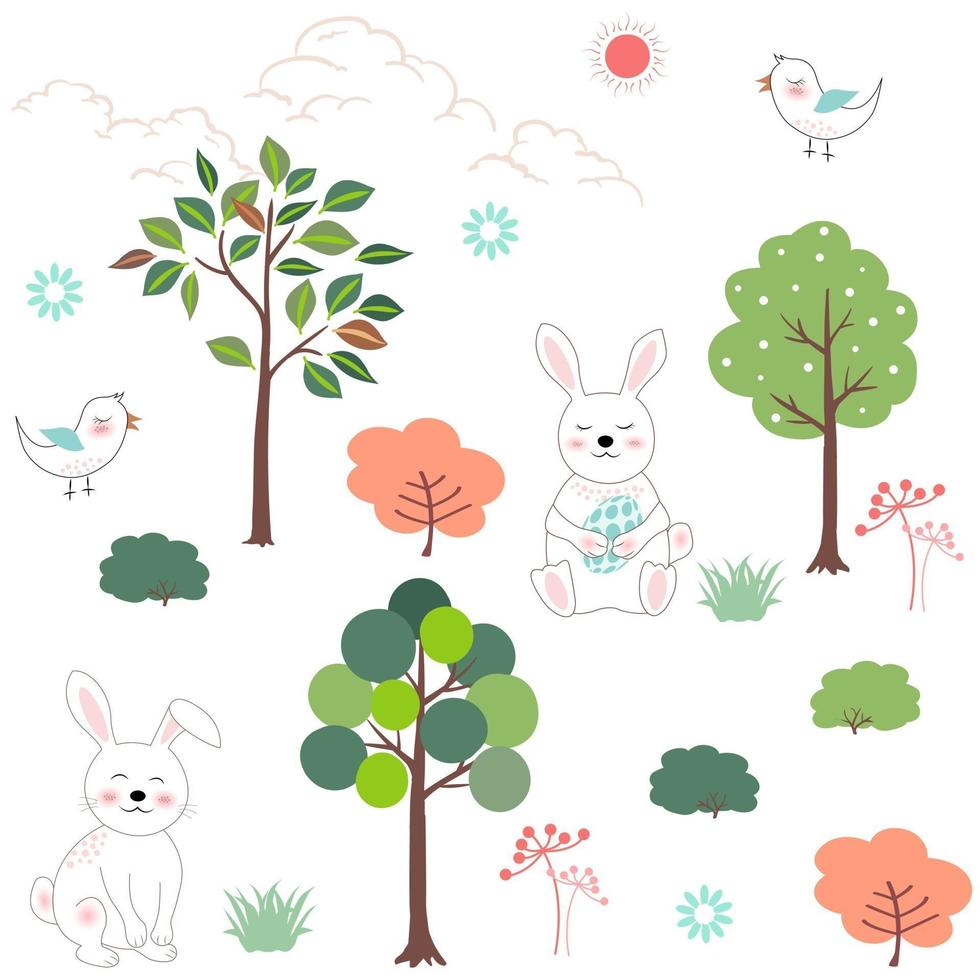 Cute rabbits in the forest pattern for happy Easter, kid product, print fabric or textile vector