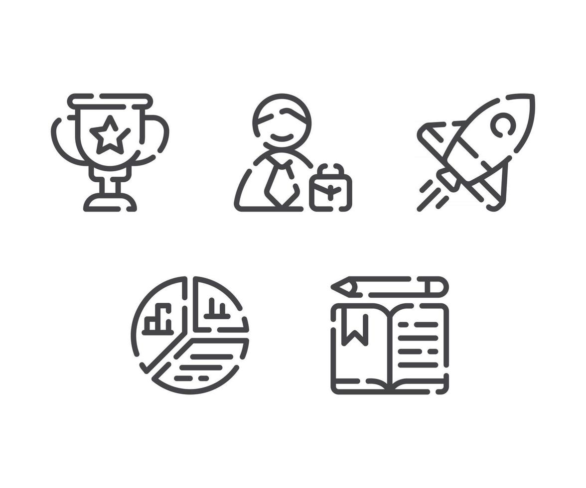 Vector illustration of trophy employee rocket graph book line icon