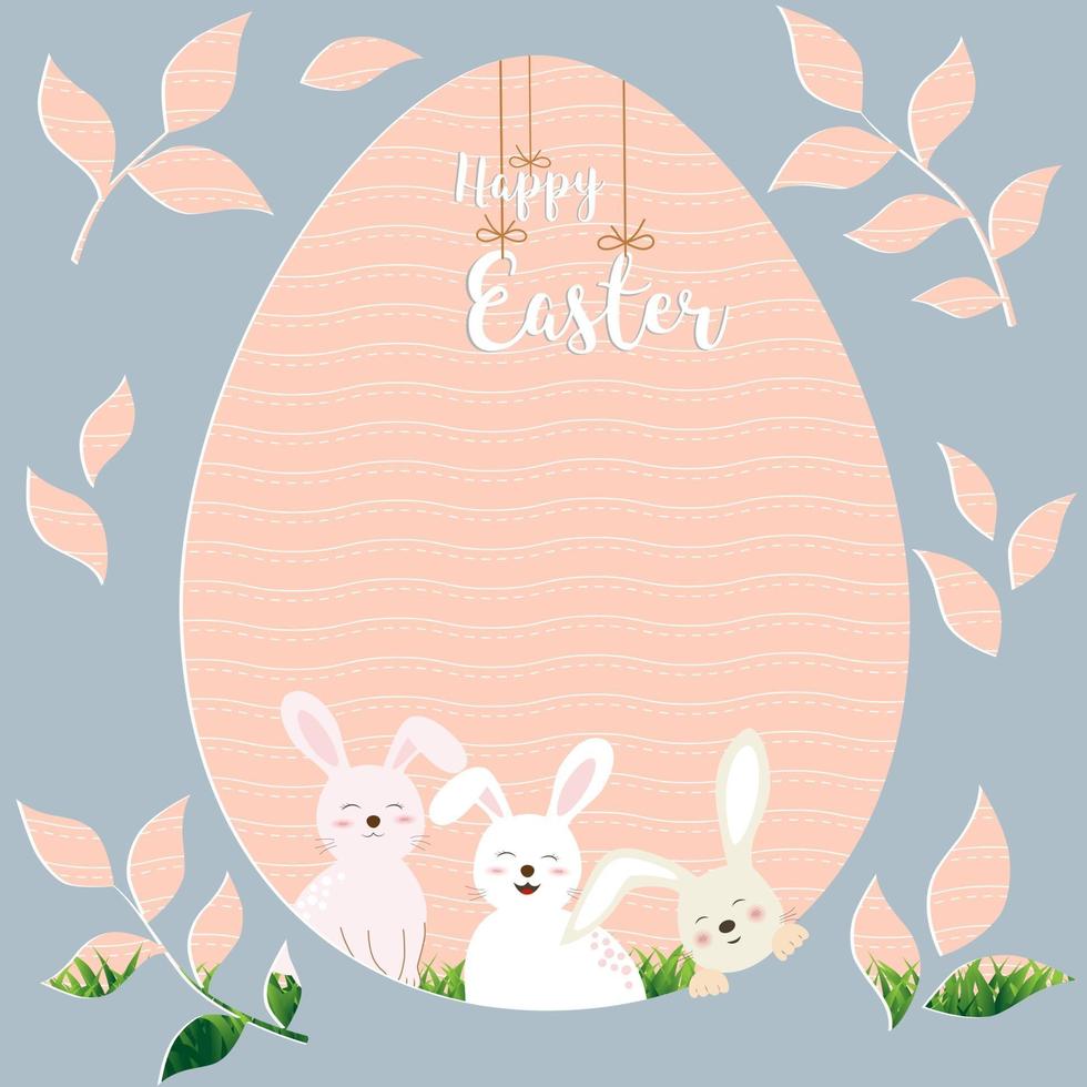 Felices Pascuas con lindos conejos sobre fondo con forma de huevo para vacaciones, fiesta de celebración, invitación o tarjeta de felicitación vector