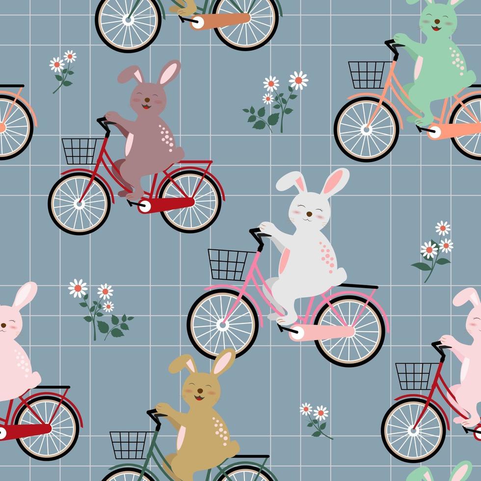 Conejos de la pandilla en bicicleta colorida de patrones sin fisuras para productos infantiles, moda, tela, textil, impresión o papel tapiz vector