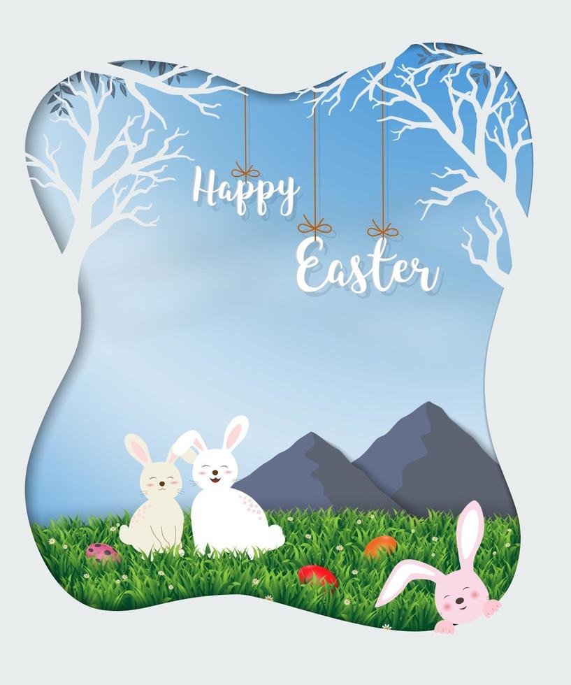 Cute rabbits happy in the meadow on sunshine day for Easter holiday, celebration party or greeting card vector