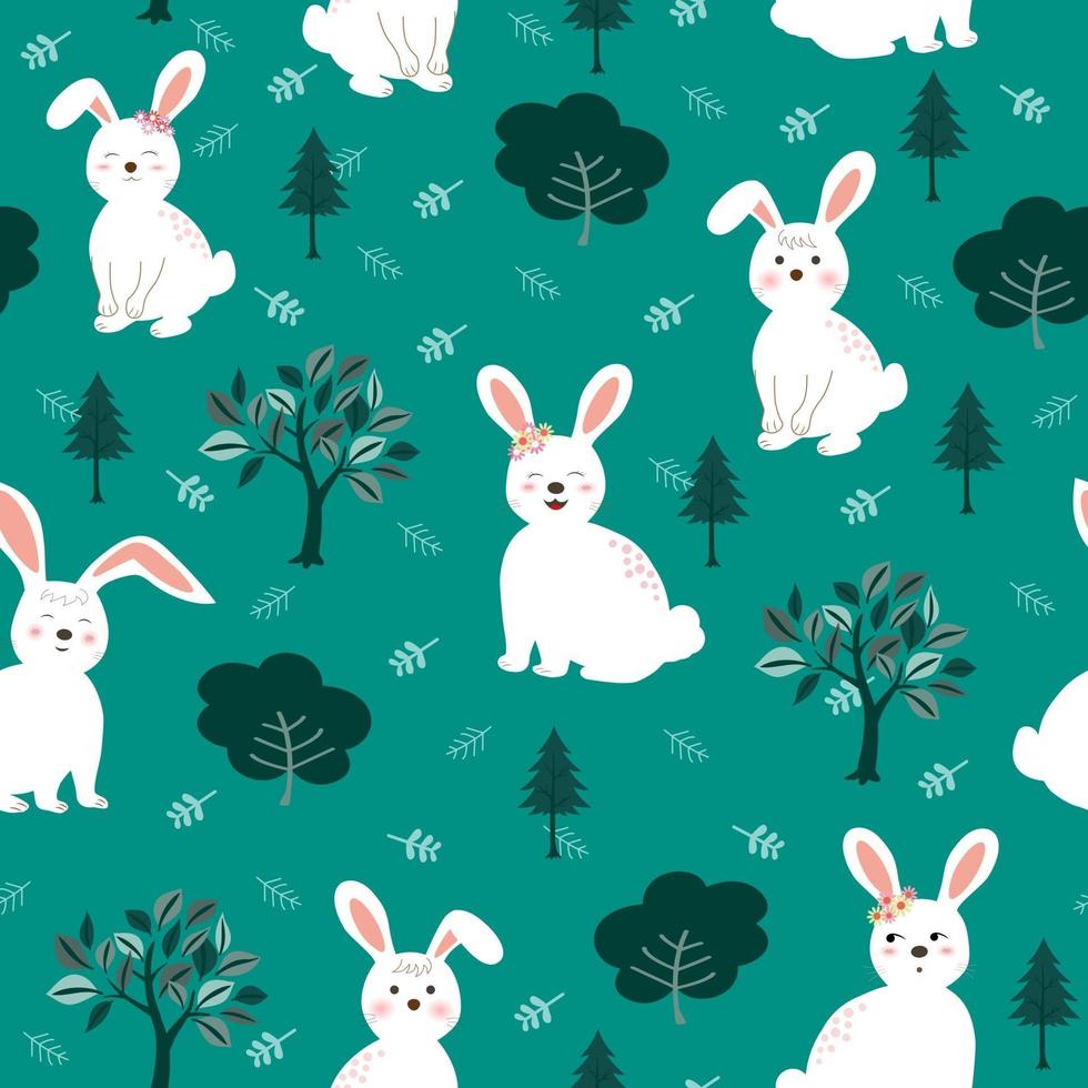 Cute white rabbits the gang seamless pattern on green background for kid product, fashion, fabric, textile, print or wallpaper vector