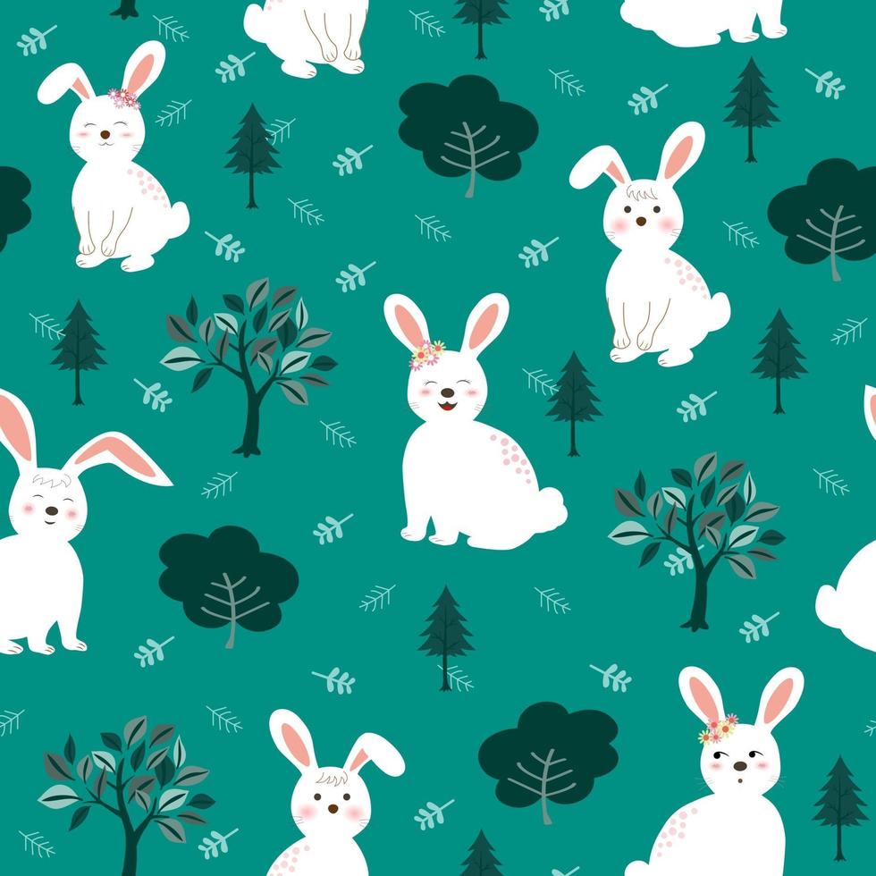 Lindos conejos blancos el patrón sin costuras de la pandilla sobre fondo verde para productos para niños, moda, tela, textil, impresión o papel tapiz vector