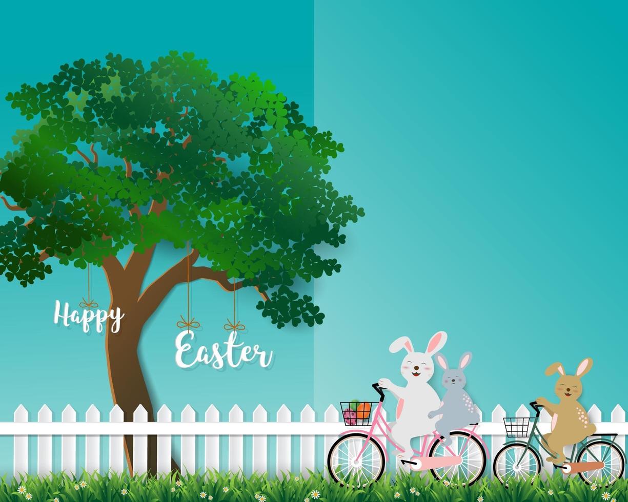 Cute rabbits the gang happy in the garden for Easter holiday, invitation, greeting card or poster vector