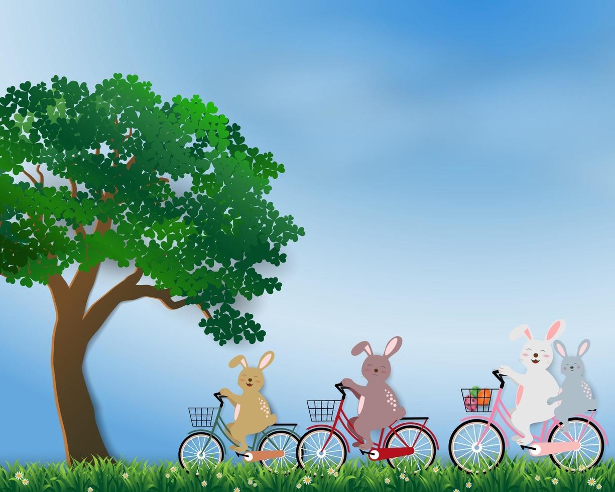 Happy cute rabbits the gang in the meadow on sunshine day for Easter holiday, invitation, greeting card or poster vector