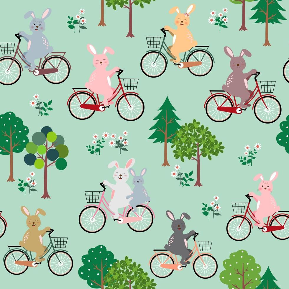 conejos lindos la pandilla con bicicleta feliz en el jardín de patrones sin fisuras para producto infantil, moda, tela, textil, impresión o papel tapiz vector