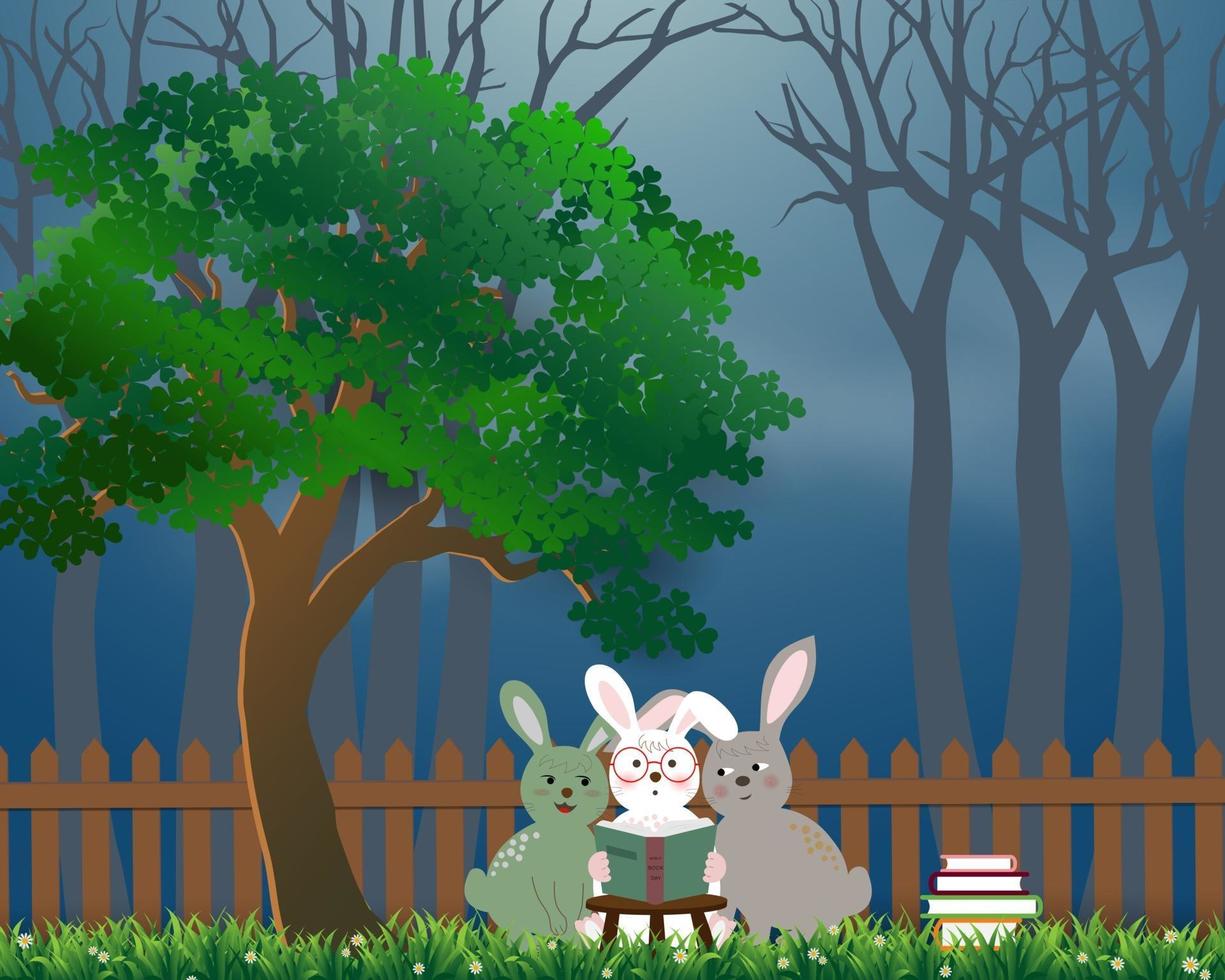 Cute rabbits the gang reading books under the tree, background for World book day or International Education Week vector