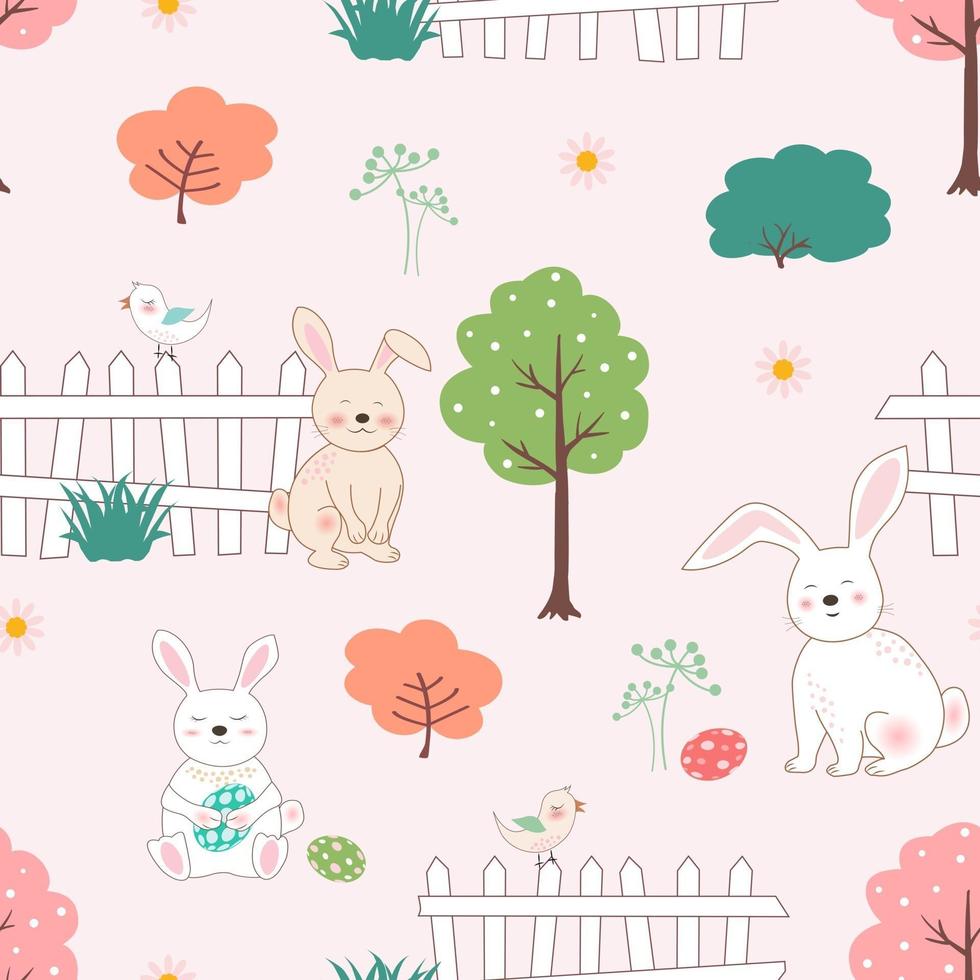 Cute rabbits with easter eggs in the garden seamless pattern for kid product, print, fabric or textile vector